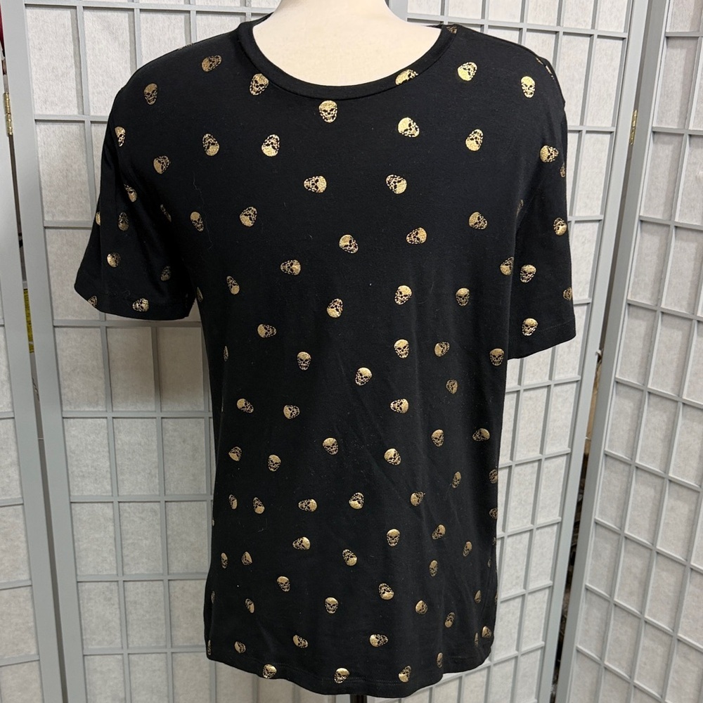 Zara Black Short Sleeve Tee with Gold Skull Print, Men’s Small